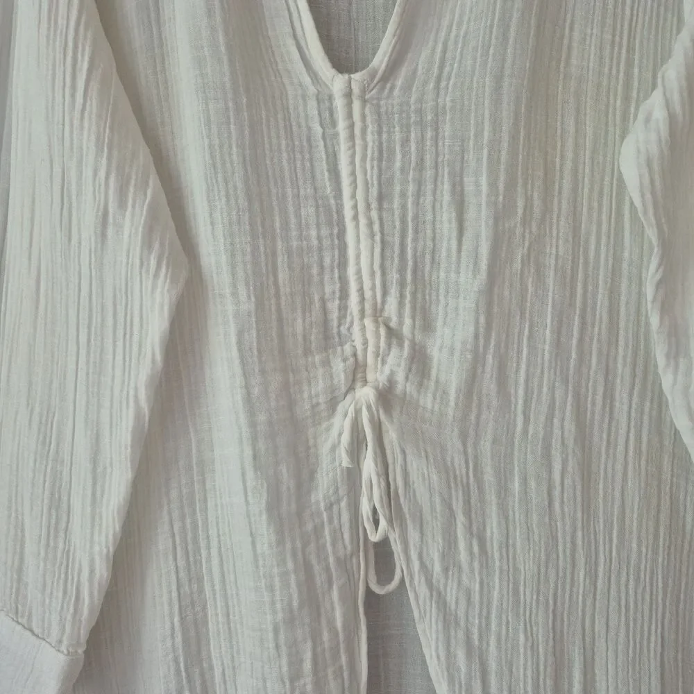 Roxy White 100% Cotton Long Sleeve V Neck Ruched Slit Beach Cover Up Womens LRG